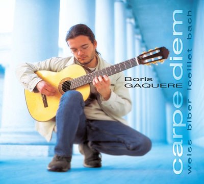 Album cover of 'Carpe Diem' by Boris Gaquere, featuring captivating classical guitar compositions of the Baroque era